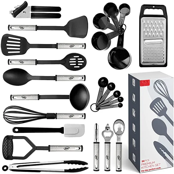 

Utensil Set 24 Piece Stainless Steel Utensil Set Non-Stick and Heat Resistant Cooking Utensils Set Kitchen Tools (Black)