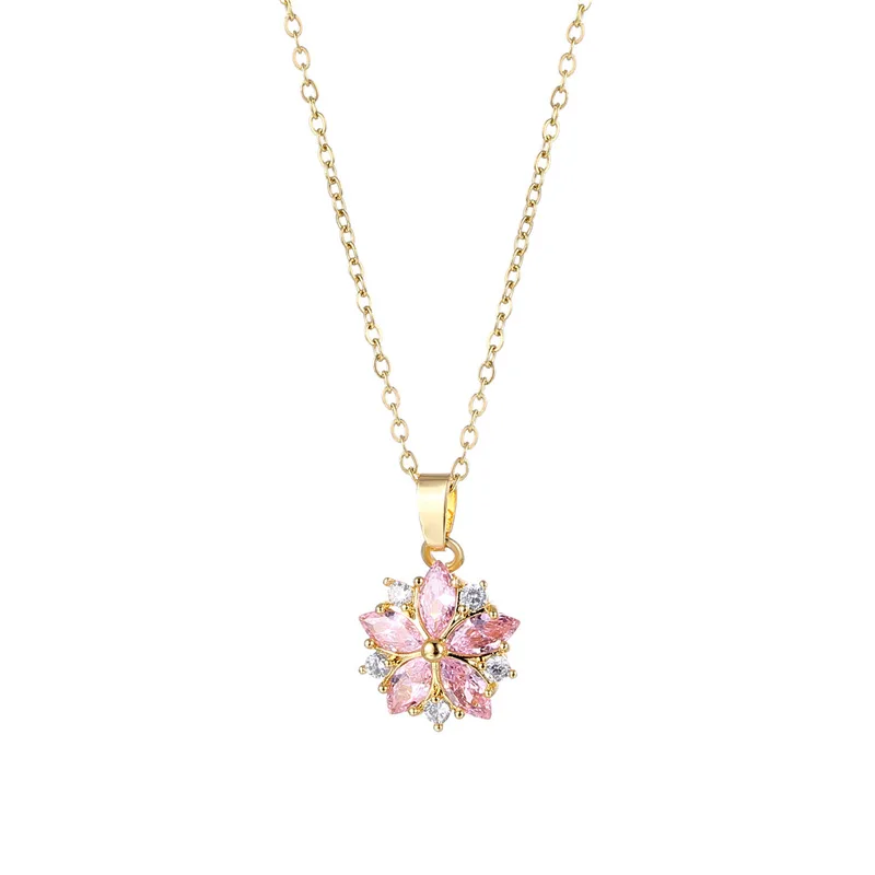 

2023 Fashion Zircon Pink Color Romantic Cherry Blossom Necklace Beauty Gift Cherry Pendant With 316L Stainless Steel Chain