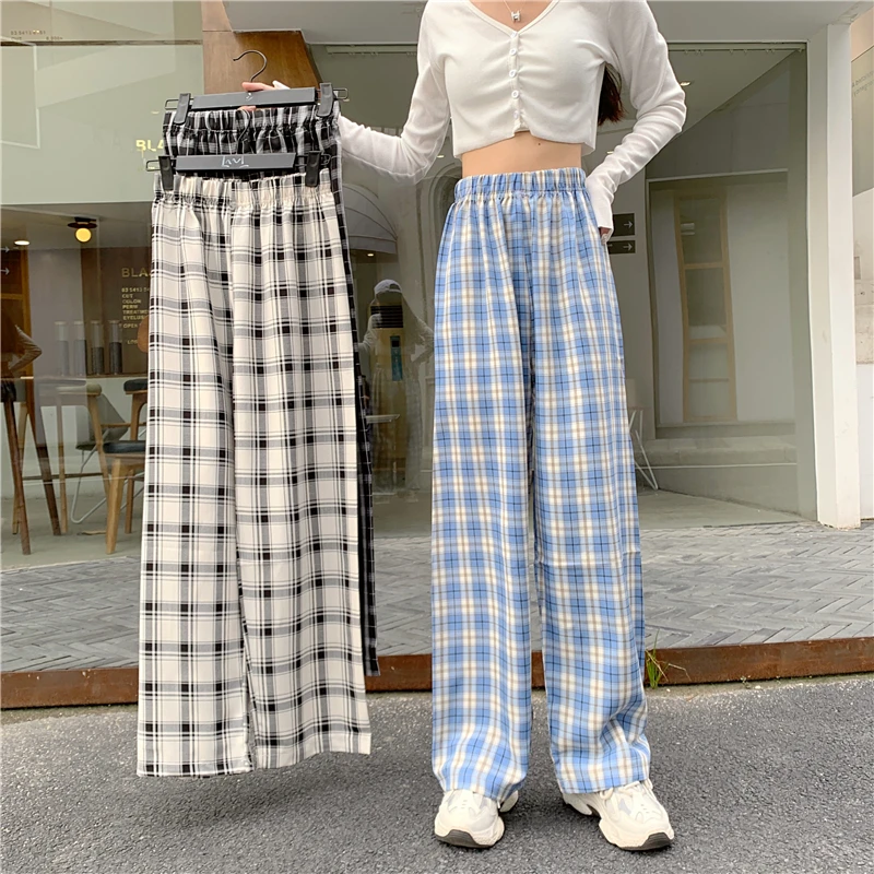 

Women's trousers new 2020 plaid wide-leg pants women's autumn plus size fat MM high waist straight loose loose drape mopping pan