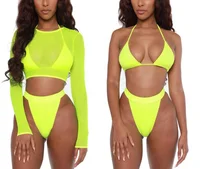 

Custom 3 Pieces Bathing Suit Women Mesh Sexy Bikini 2020 Long Sleeve High Waisted Swimsuit