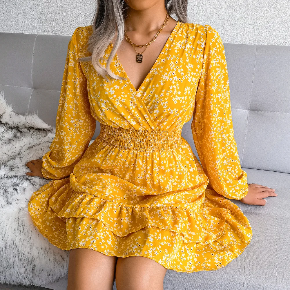 

2022 Autumn A-line dress printed floral long sleeve women dress casual mini dress