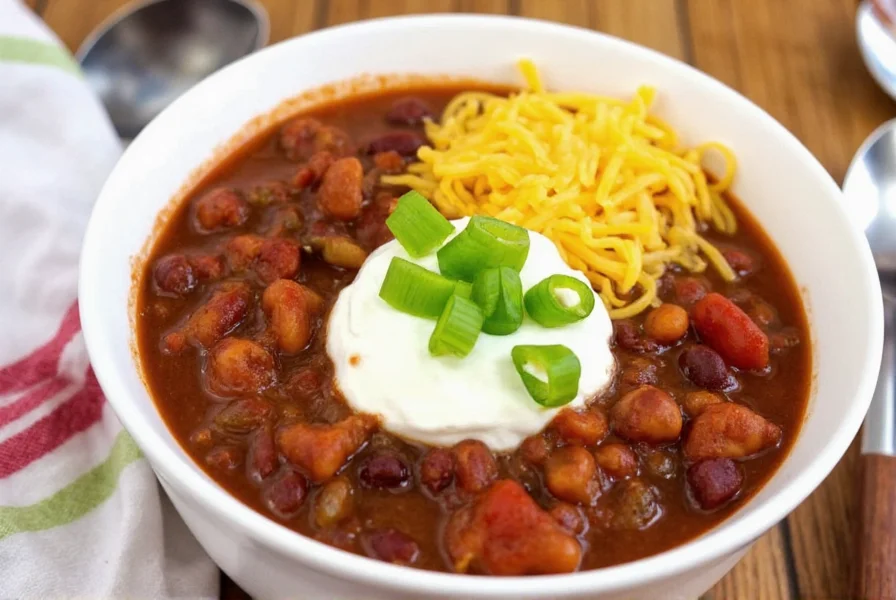 Finished crockpot chili served in bowl with toppings including sour cream, cheese, and green onions