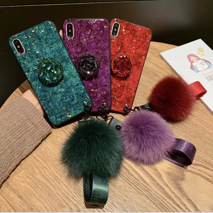 Gold Foil Sequins Marble Crack Grain Silicone Phone Case cover for iPhone 11 pro max note10pro with fur ball