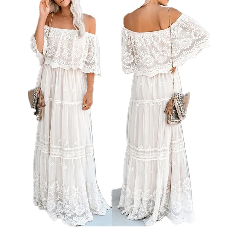 

Wholesale ladies summer elegant off-shoulder white long maxi lace dresses