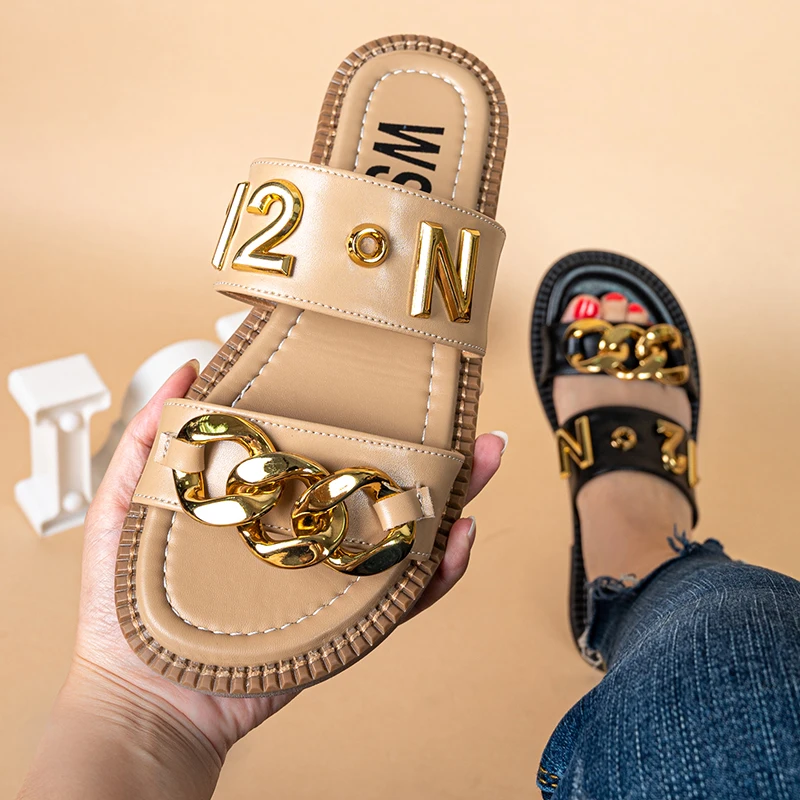 

BAIRUILUN 2021 Fashion Letter And Number Women'S Slippers Gold Chain Black Slippers Women Summer Outdoor