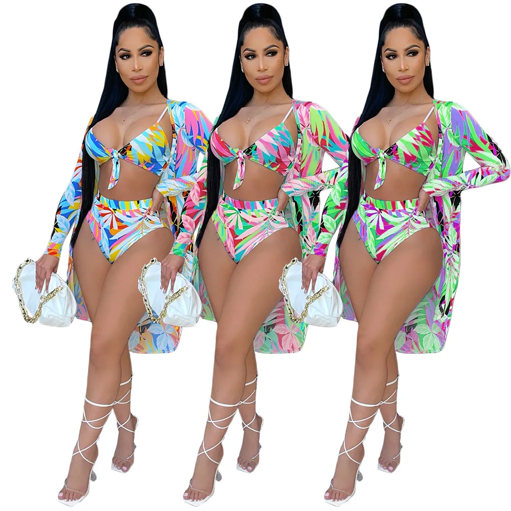 

2021Knot Bodysuit Sling Long Sleeve Swimwear Three Pieces V Neck Wrap Tropical Leaves Bathing Suits Women Beachwear Set