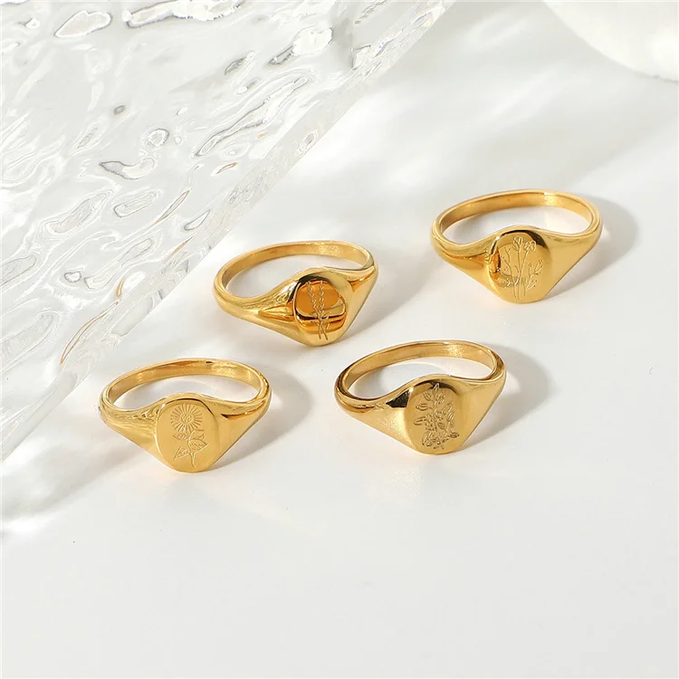 

Vintage Ring Handmade 18k Gold Plated Stainless Steel Rings Signet Oval Sunflower Flower Rings for Women