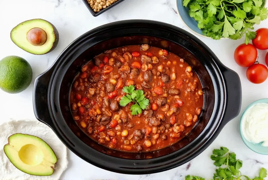 Slow cooker filled with rich red turkey chili surrounded by fresh toppings like avocado, sour cream, and cilantro
