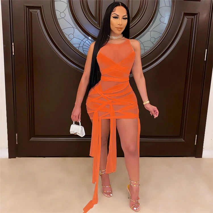 

Aomei Mesh Sheath Plus Size Sexy New Style Amazon Fashion 2021 Ropa Para Mujeres Bandage Bodycon Women Short Mini Summer Dresses