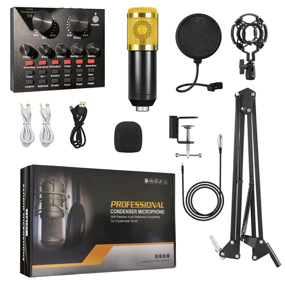 

V8 Sound Card and microphone condenser bm800 mic Set Professional studio recording equipment karaoke live stream Sound Cards