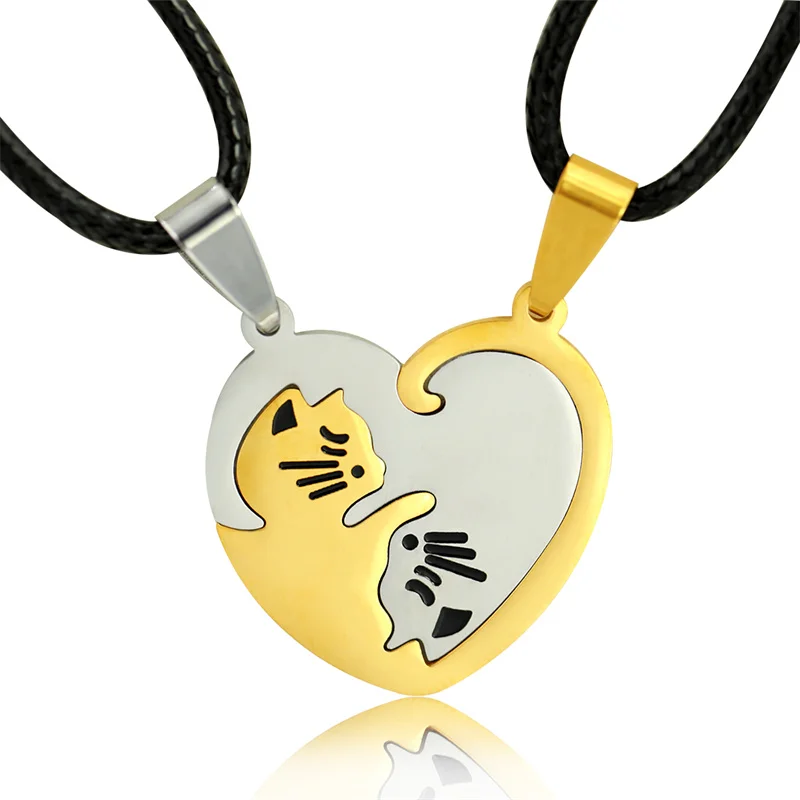 

14K Gold Plated Stainless Steel Puzzle Pendant Couple Friends Necklace Set Heart Shape Hugging Cat Custom Necklace For Unisex