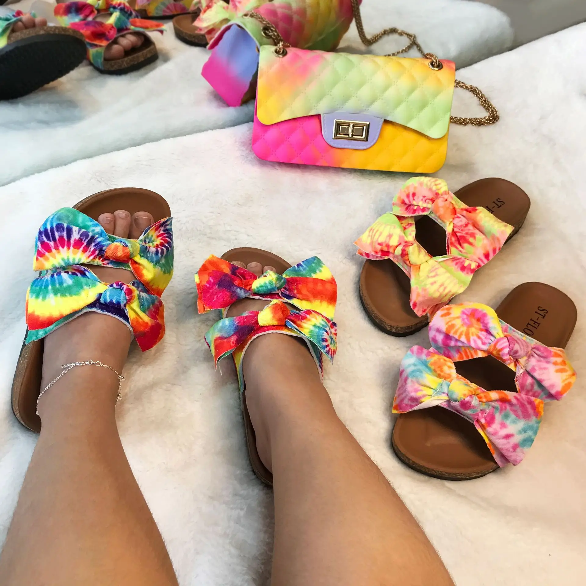 

JANHE Fashion Low Heel Summer Beach Femm Colour Beautiful Bandanas Printing Bow Sandales Ladies Flat Shoes Bowknot Slides, As pictures
