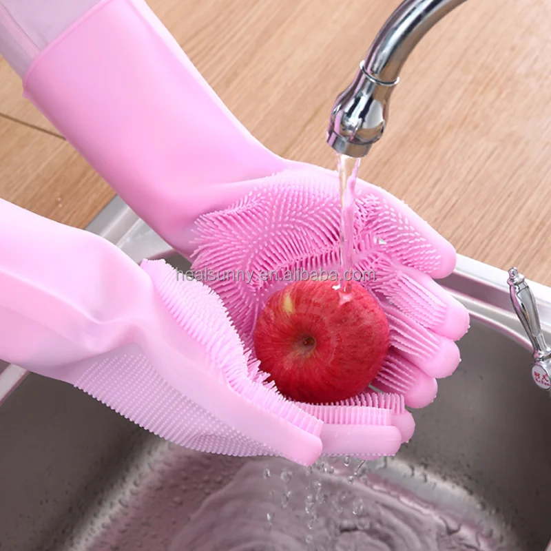 

New Product BPA Free Kitchen Cleaning Scrubber Reusable Silicone Wash Cleaning Gloves with Sponge Scrubbers, Customized