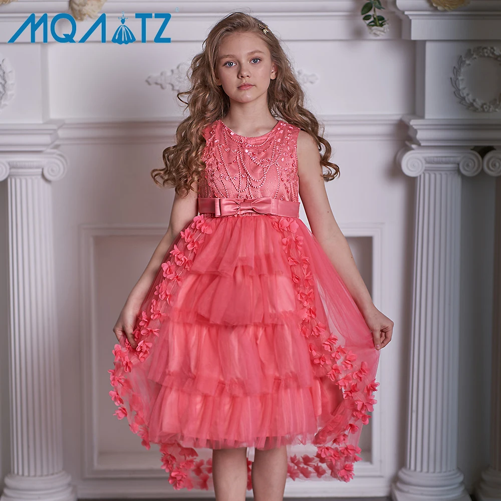 

MQATZ latest model pink long tailing kids party dress 6-10 year birthday girl cake layered flower frock T5399