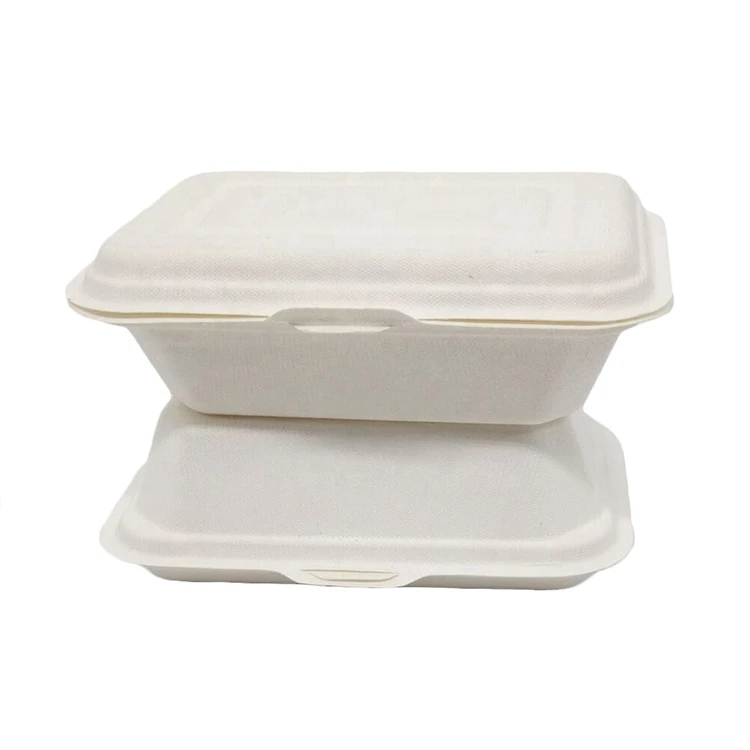 

Disposable Bagasse pulp  clamshell sugarcane fiber biodegradable food container, White color