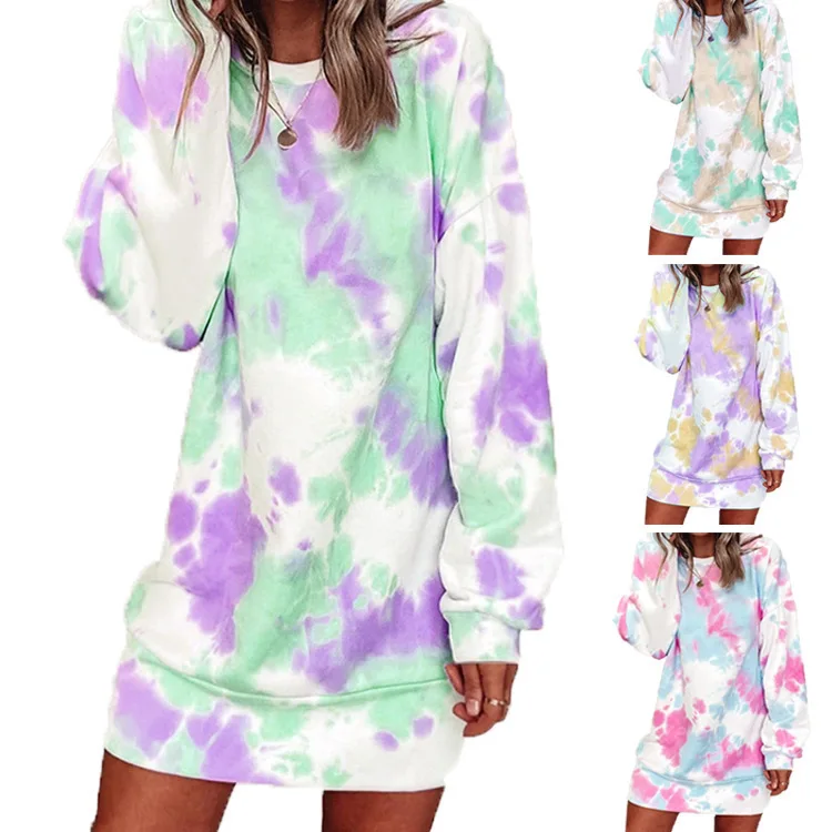 

Autumn Street Wear Long Tie Dye Print Sweatshirt Oversize Knee Length Women Pullover Loose Crew Neck Sweater Hoodie Dress, Customized color