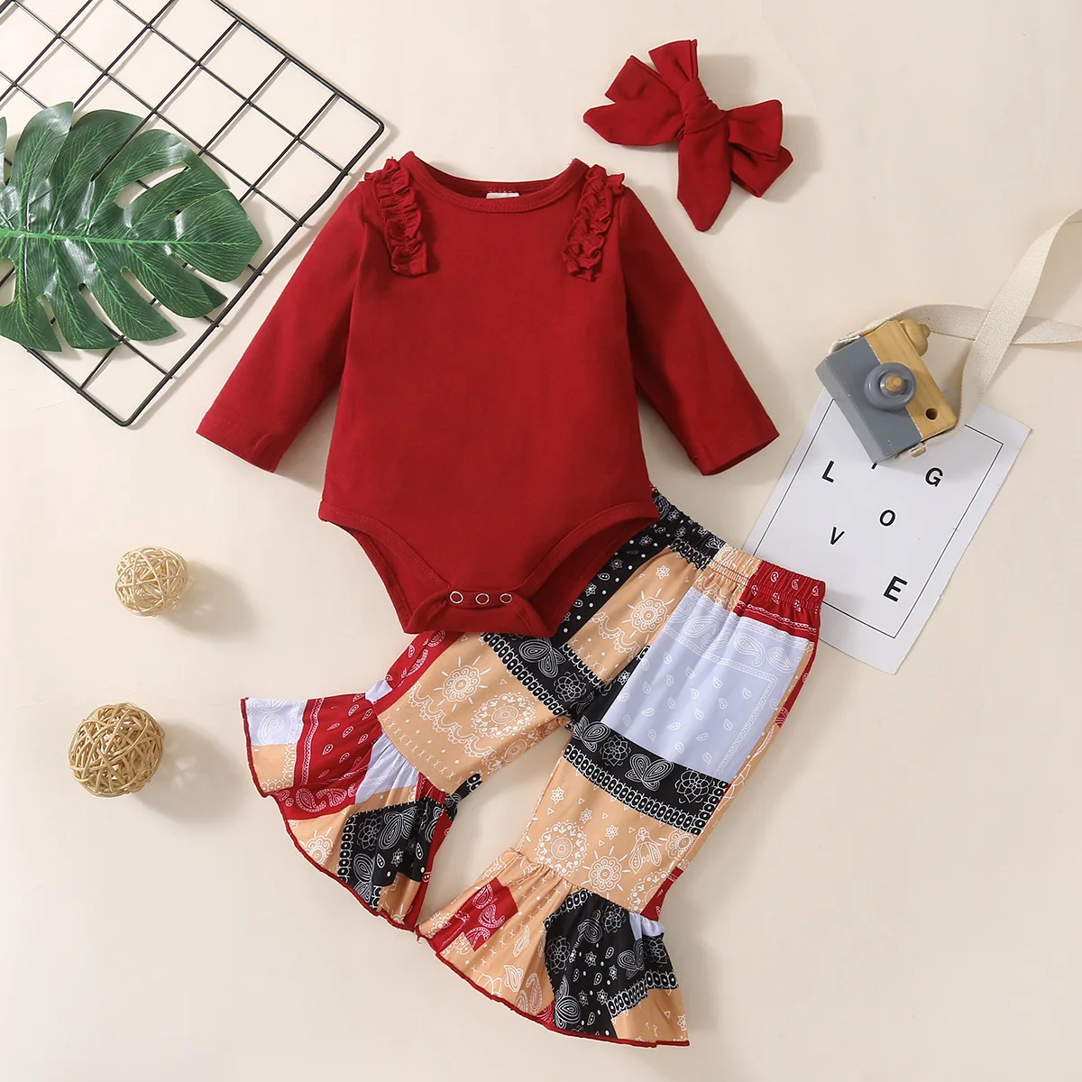 

Autumn Winter Infant Clothing Sets Baby Girl boutique Set solid Romper Tops+flare Pants 3pcs Outfits suits, As image shown