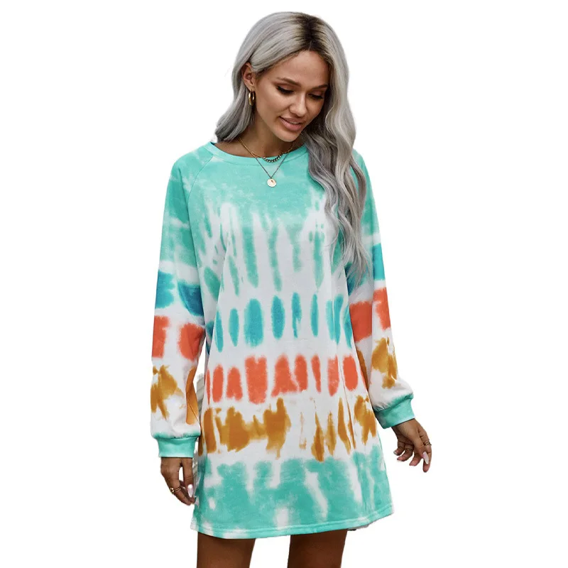 

New Arrival Casual Winter Autumn Women Tie Dye Crew Long Sleeve Oversized Hoodie Sweatshirt Dress