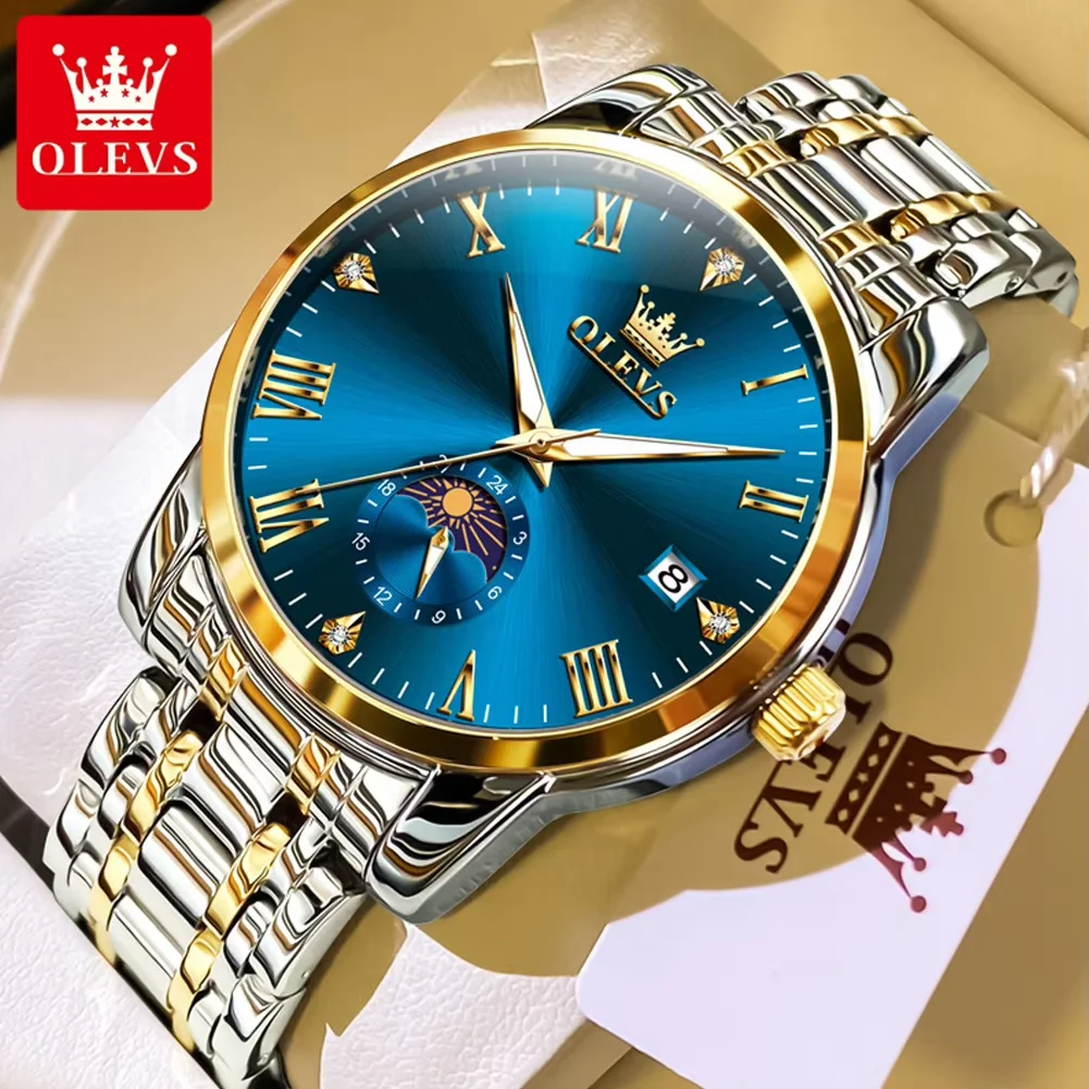 OLEVS Top Men's Watches Fashion Classic Quartz Watch for Man Waterproof Stainless Steel Luminous Wrist Watch Men Moon Phase