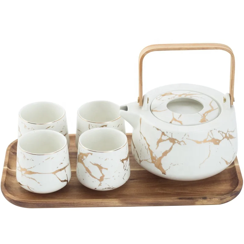 

New Design Japanese Style Antique Black Color Royal Ceramic Porcelain Marble Tea Sets Coffee Set with Wooden Saucer, Black/white