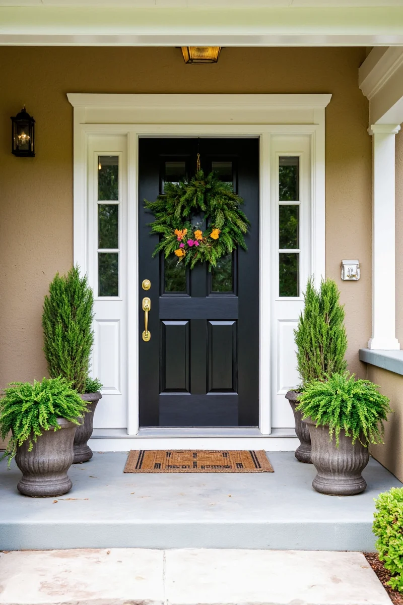 Colorful arrangement of flowers and plants framing a front door