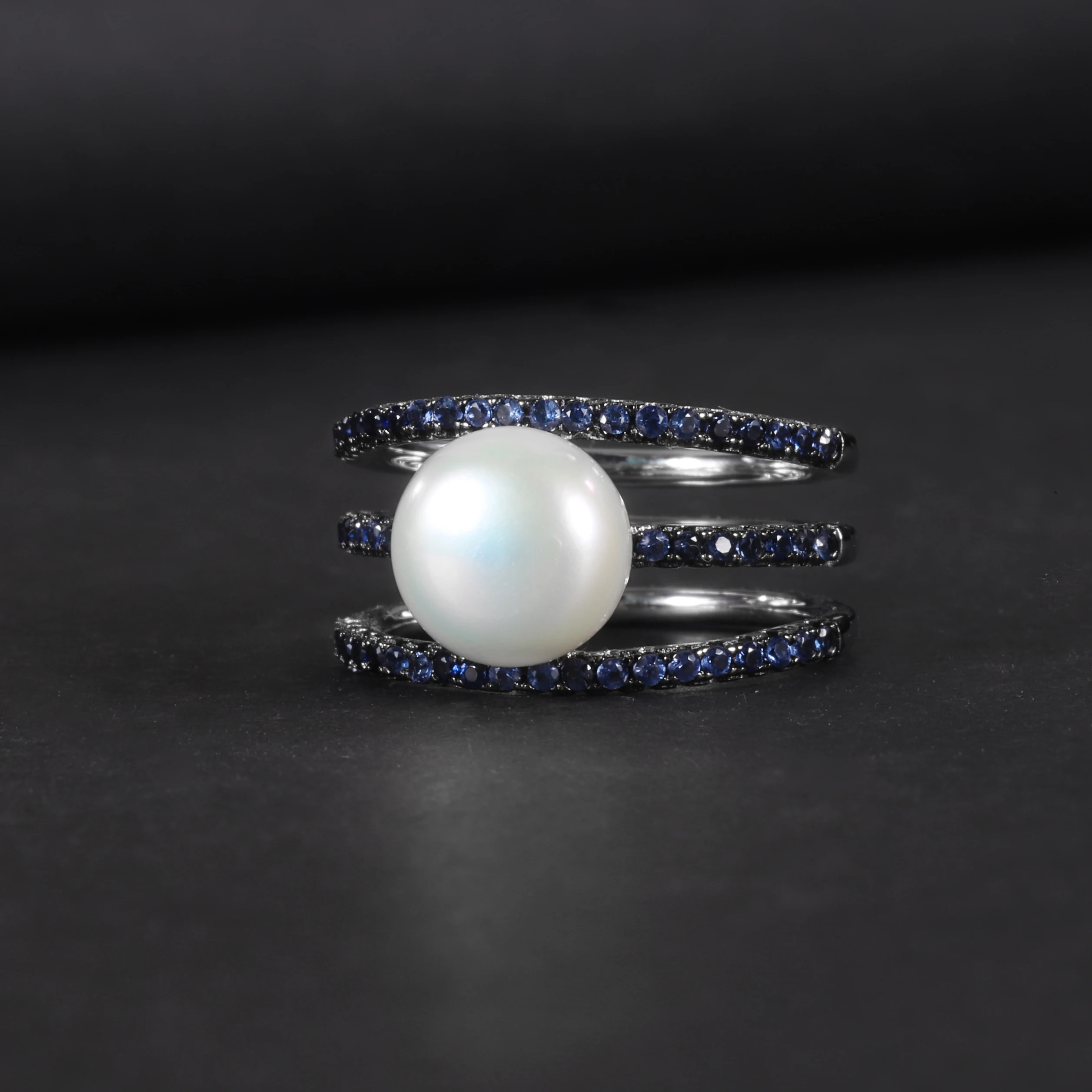 

C5160 Fine Jewelry Wholesale 9mm Freshwater Pearl Blue Side Stone Jewellery Rings Crystal Women 925 Sterling Silver Ring