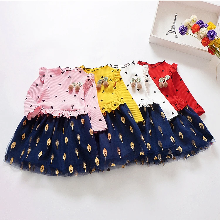 

TDH Baby Kids Children Little Girl Heart Pattern Skirt Long Sleeve Floral Stitching Dress, White, yellow, red, pink