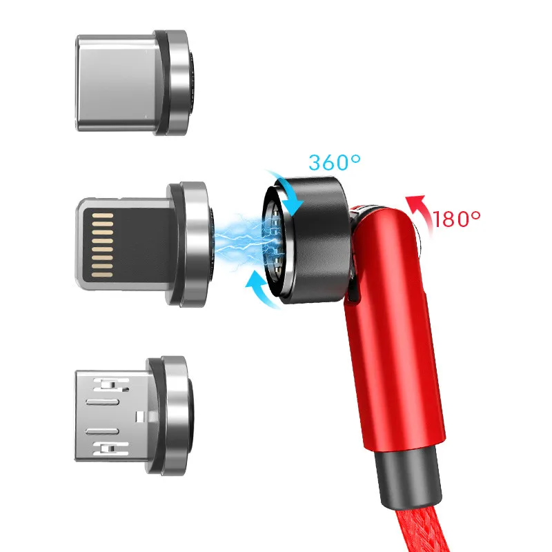 

Custom color double rotation 3A fast charging 3 in 1data cable micro usb magnetic charging cable for iphone type c, Black / red / silver