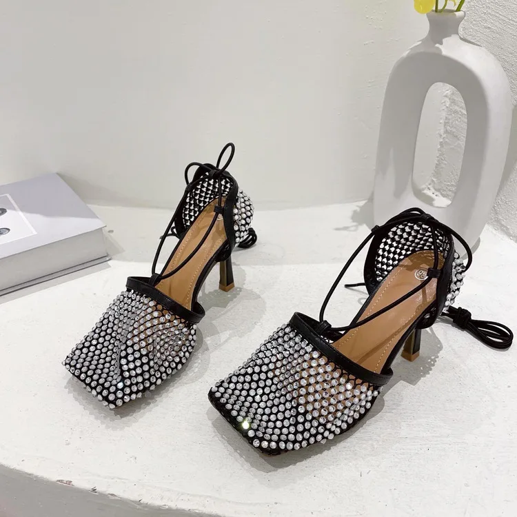 

2022 new Sexy Mesh Closed toe lace-up weave designer sandals for women sexy ladies party shoes heeled sandals