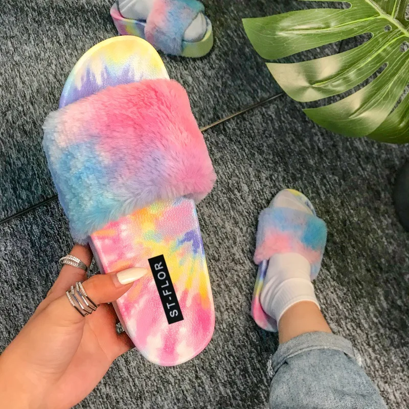 

New 2021 Sandals Slippers Cheap Fluffy Cozy Flat Fuzzy Tie Dye Lady Girl sparkle Indoor Platform fur slides women's sandals