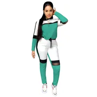 

New Arrivals Autumn Fashion Women Hooded Long Sleeve T-shirt Slim Pants 2 Pieces Set Color Mesh Patchwork Outfits Tracksuit