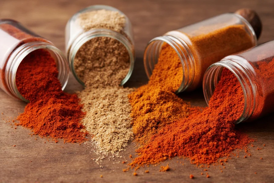 Close-up of essential chili spices in glass jars: chili powder, cumin, garlic powder, onion powder, and smoked paprika arranged on wooden table