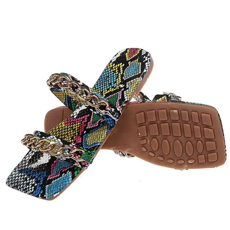 

2021 women's slippers summer new style metal chain buckle snake pattern sandals and slippers women's shoes woman slippers 2021, 3 colors