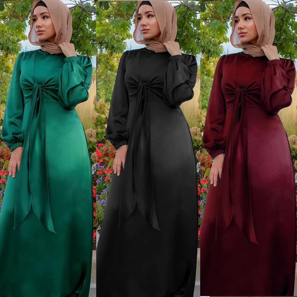 

2021 Dubai India Satin Waist Band Fancy Belt Home Dress Muslim Islamic Clothing Sleeves Plain Satin Wrap Dress Muslim Women, As shown