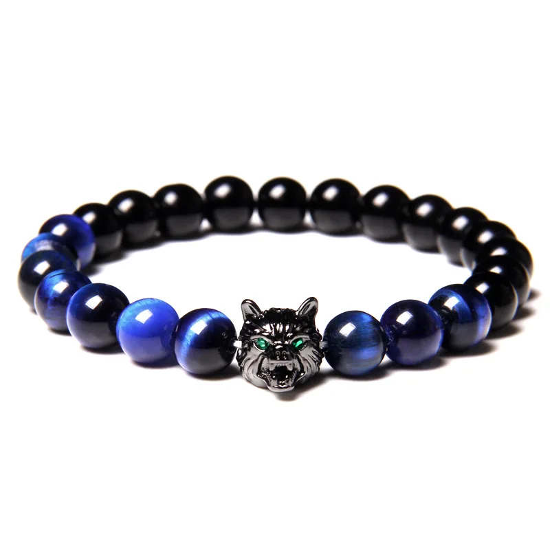 

High Quality Purple Blue Tiger Eye Shiny Onyx Beads Men Women Bracelet with Black Gun Wolf Charms