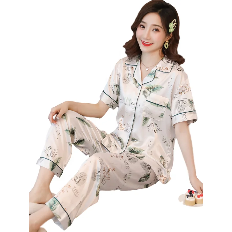 

wholesale women pajamas summer short sleeve satin sleep wear pyjama women's sleepwear night dress 2 piece set, Picture shows