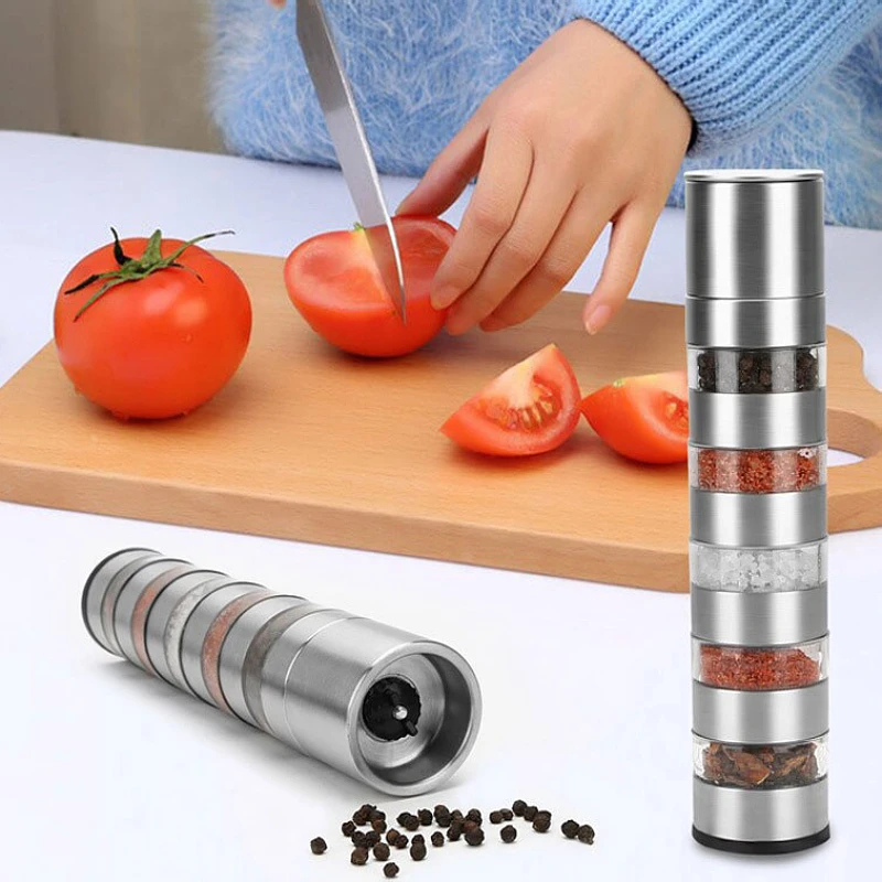 

Amazon Hot Sell 5 in 1 Stainless Steel Multi-layer Manual Salt Pepper Spices Mill Grinder, Silver