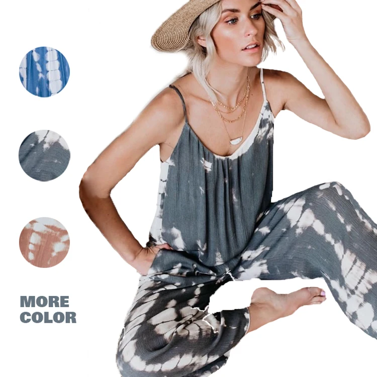 

2021 Summer Clothing Tie Dye Jumpsuits Pants Trousers Print Spaghetti Strap Overalls Shiny Stretchy One Piece Jumpsuit Women, Picture