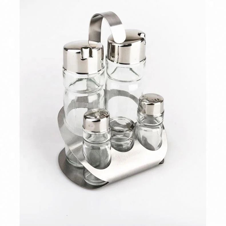 Salt and Pepper shakers, Oil and Vinegar Dispenser Set with Stainless Steel  Holder (Salt & Pepper + Oil & Vinegar)
