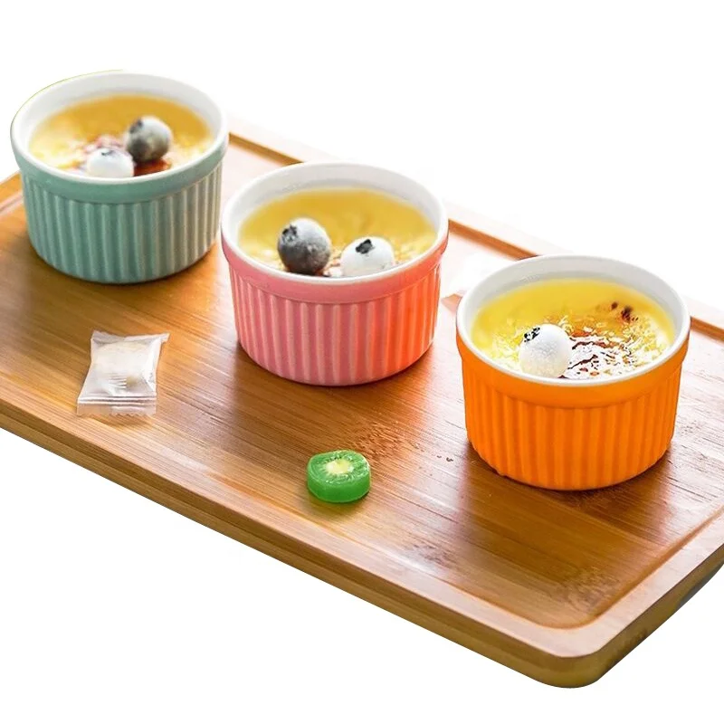 

9cm Amazon Hot Sale Ceramic Ramekins Souffle Dishes Colorful Glazed Stripes Embossed Baking Ramekin Cups Bowls Wholesale