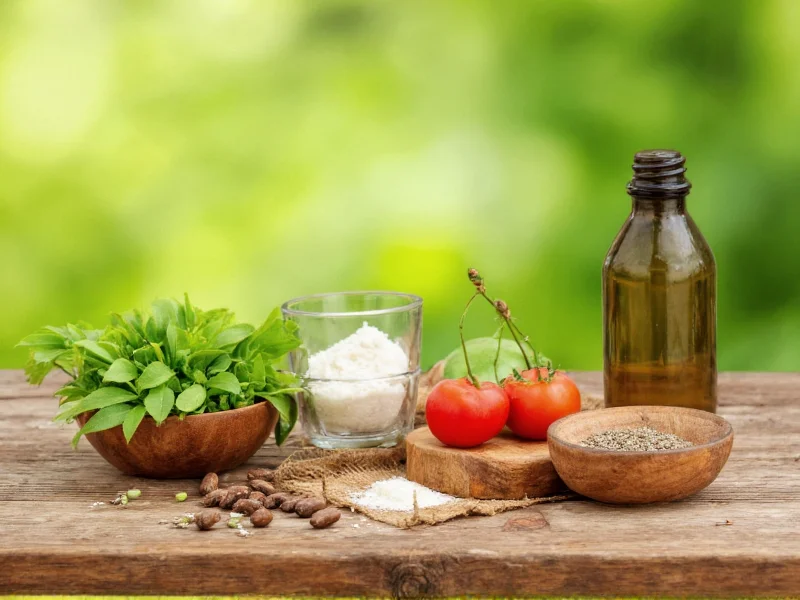 Natural mosquito repellent ingredients on wooden table