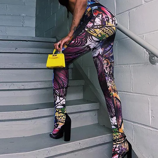 

2021 New Arrival High Elastic Leggings Women Mesh Colorful Print Tight Pants Female Casual Streetwear