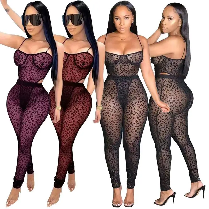 

Outfit Partywear Black Sexy Two Piece Sets Women Jumpsuit Plus Size Erotic Mesh Leopard Perspective Jumpsuit for Night Club, Pictures showed