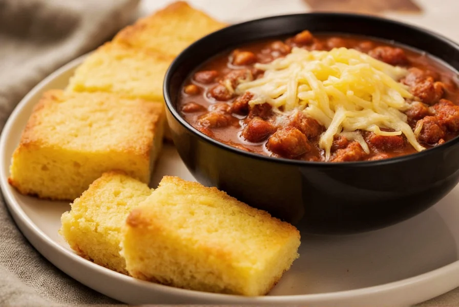 Perfectly golden cornbread squares next to a steaming bowl of chili with melted cheese topping