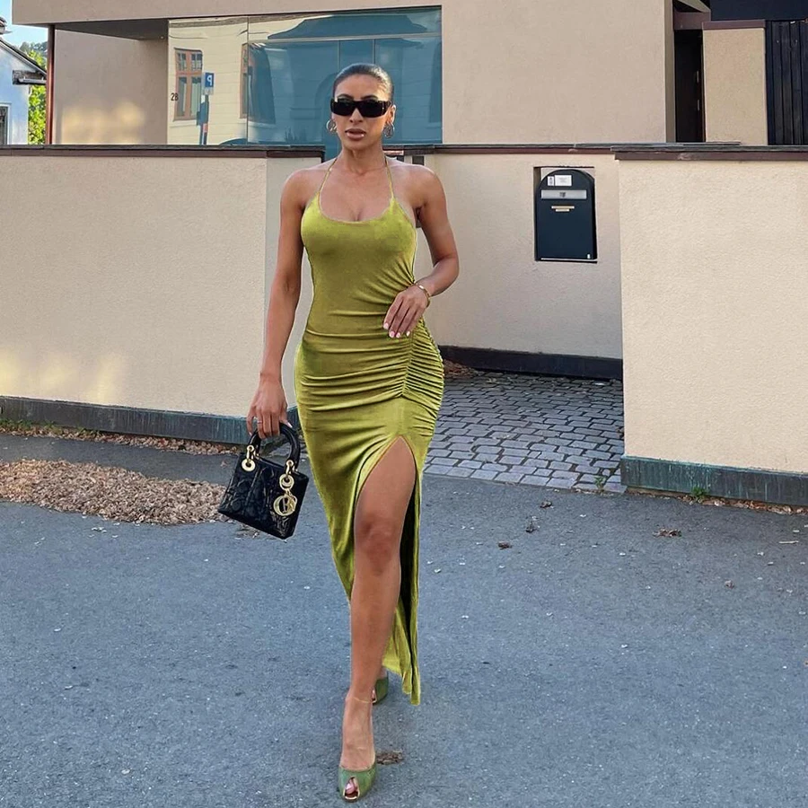 

Peeqi Solid color Halter Backless Sleeveless Maxi Dress Elegant party club wear evening prom dress summer Casual Dresses Women