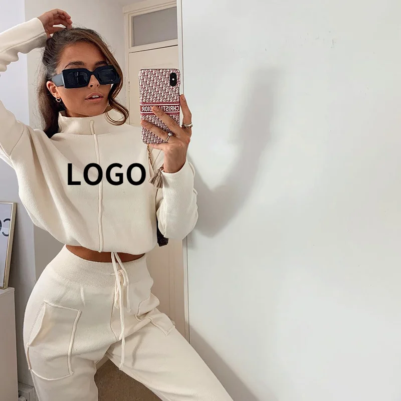 

Streetwear Custom Logo Two Piece Set Women Clothing Solid White Black Pants 2 Piece Hoodie Sets Joggers Outfits Women