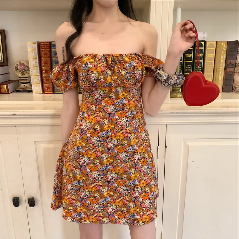 

Summer Dresses Women Strapless Pleated Bubble Sleeve Casual Off Shoulder Dress