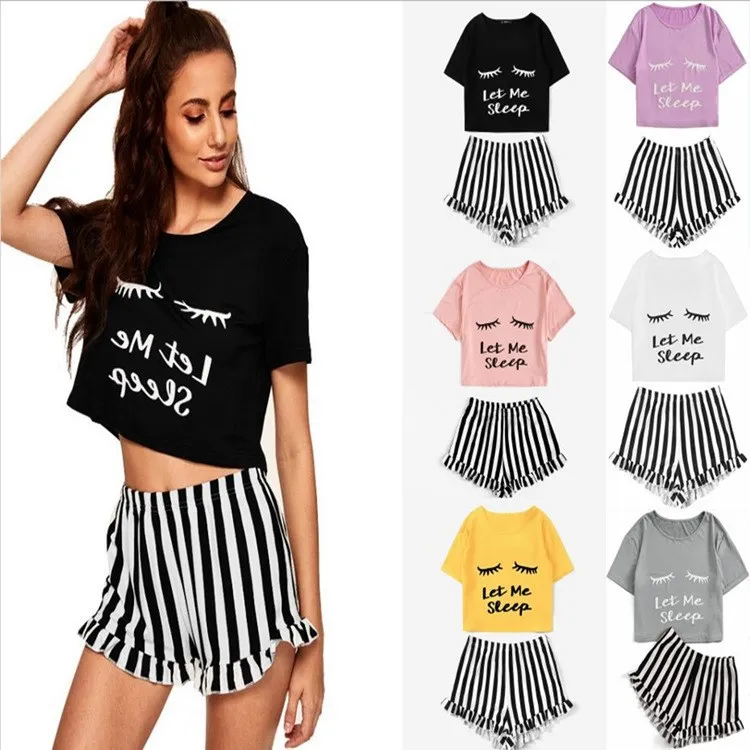 

Summer Cotton Pajamas Home Suit Lady Print Stripe Pyjamas Pj Set Ruffle Nightwear Pijama Mujer Crop Midriff Suit Women Sleepwear, Customized color