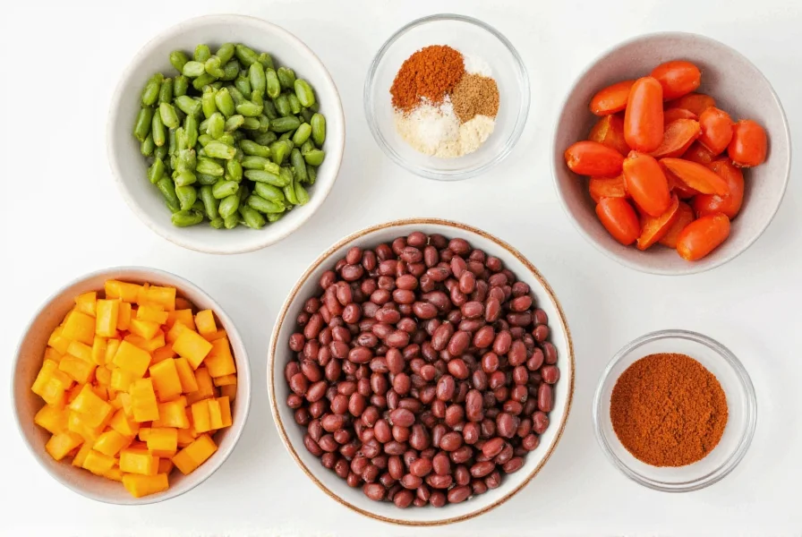 Vegetarian slow cooker chili ingredients arranged in bowls showing beans, vegetables, and spices ready for cooking