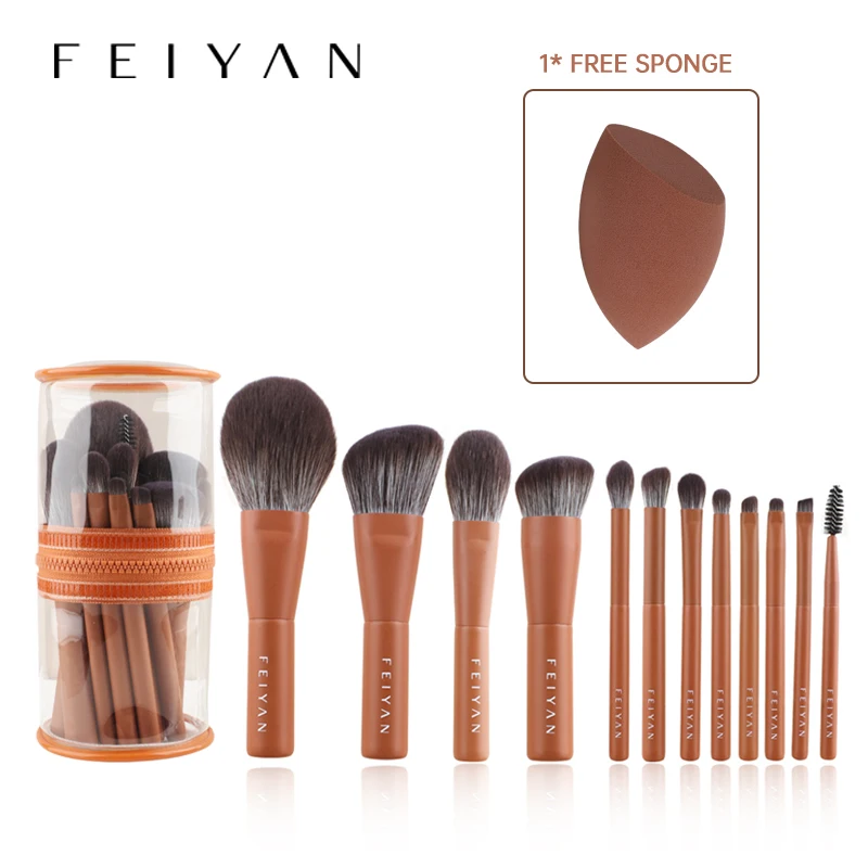 

FEIYAN Best Quality Soft Vegan Synthetic Hair Private Label Brown Handle Cosmetic Travel Makeup Brush Kit